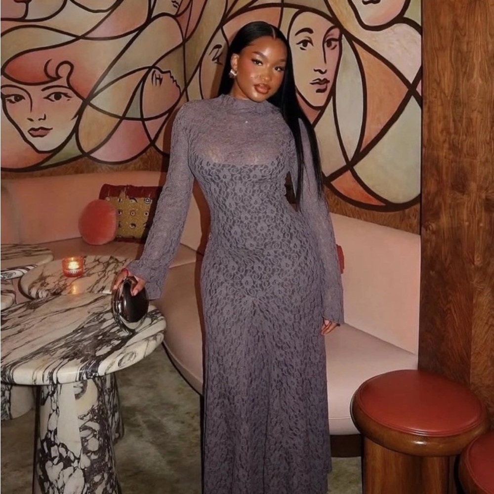 Zara Charcoal Gray Lace High-Neck Long-Sleeve Maxi Dress - Picture 4 of 7